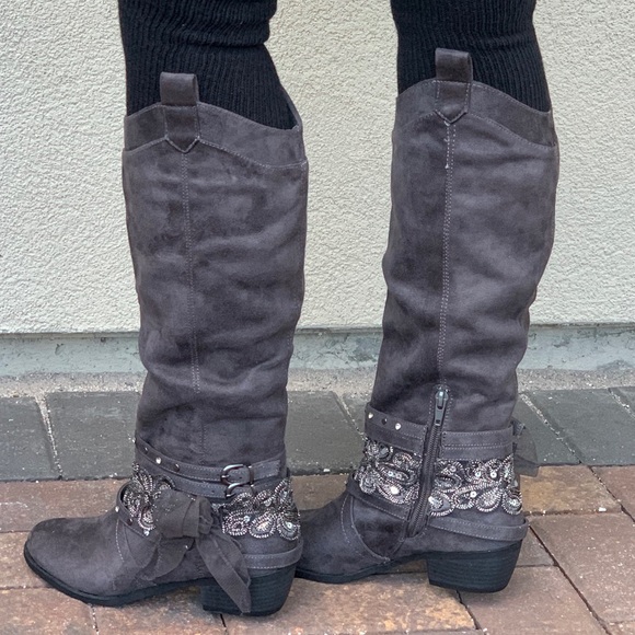 Boho Charcoal Grey Distressed Knee High Boots - Picture 5 of 8